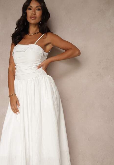 Biała Sukienka z Wiskozy z Bawełną Ozdobiona Zakładką Atellana