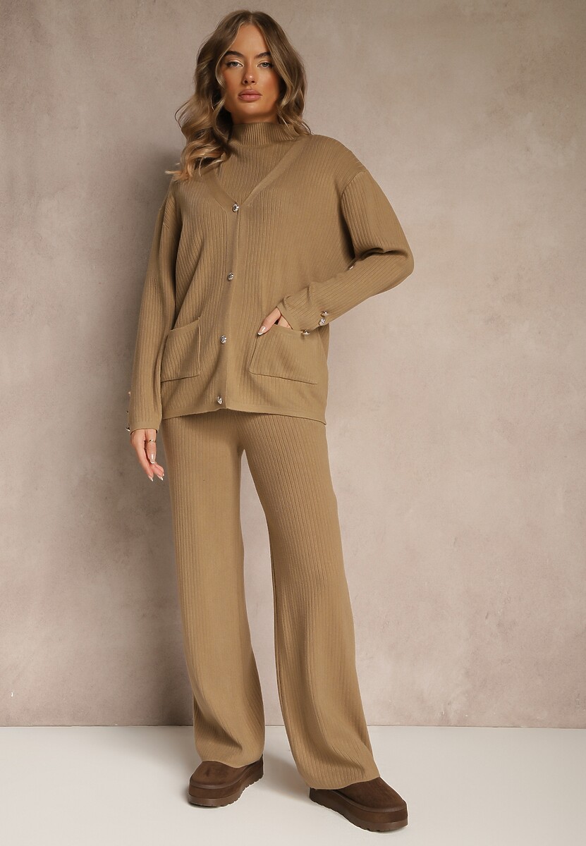 Jasnobeżowy Komplet z Dzianiny z Bawełną Spodnie Kardigan i T-shirt z Golfem Ralonia