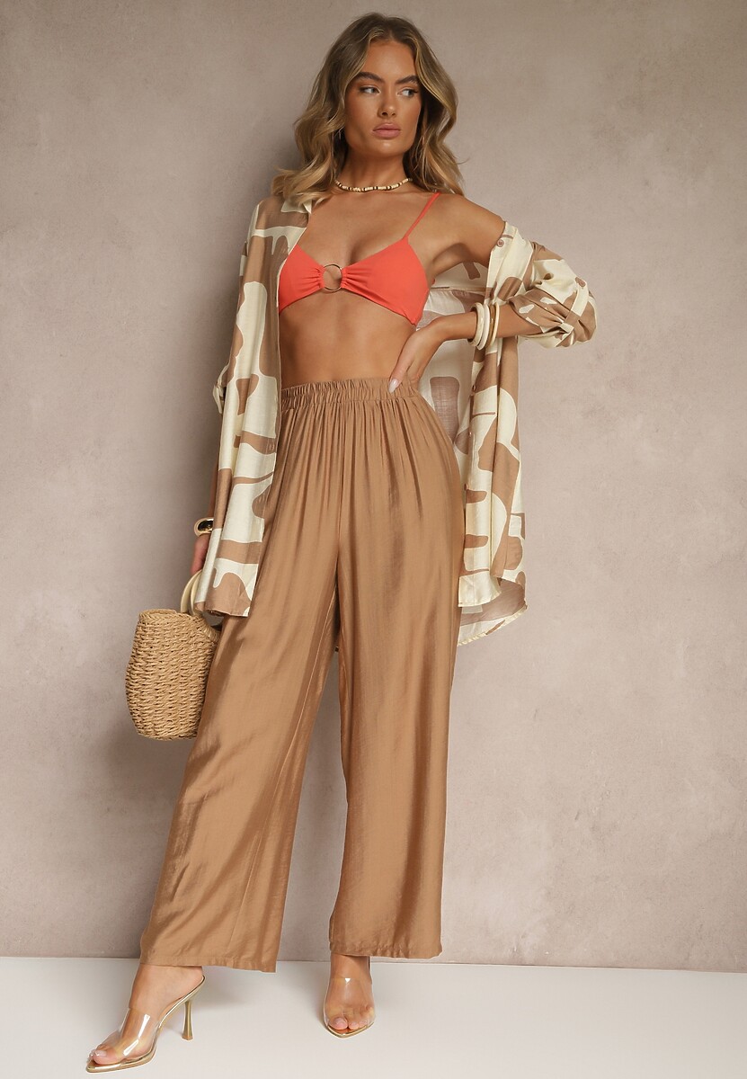 Jasnobeżowy Komplet z Wiskozą Spodnie i Koszula w Geometryczny Wzór Rinaloria