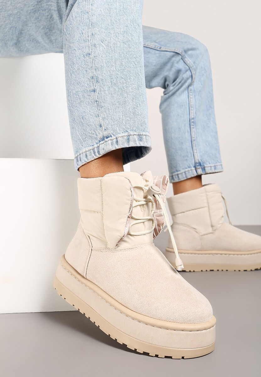 Beżowe Śniegowce na Platformie z Pikowaną Cholewką Ściągaczem i Sznurowaniem Mazirina