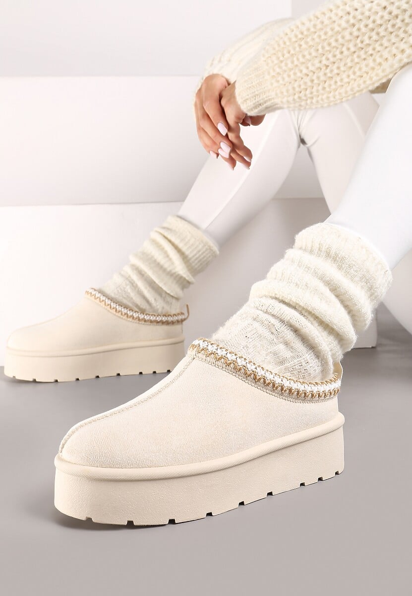 Beżowe Śniegowce z Haftowanym Paseczkiem na Platformie Iridalia