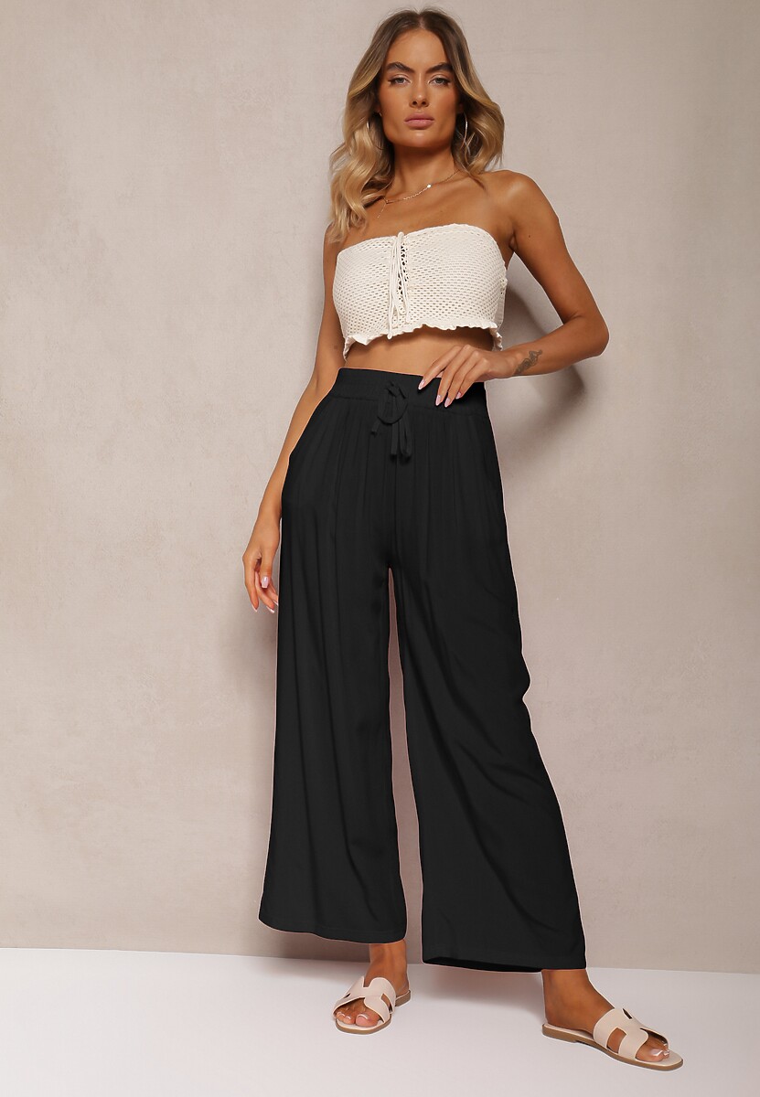 Czarne Spodnie z Bawełny o Kroju Alladynek High Waist Wykończone Gumką w Talii Rissalis