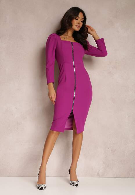 Fioletowa Sukienka z Kwadratowym Dekoltem i Suwakiem z Przodu Ninime