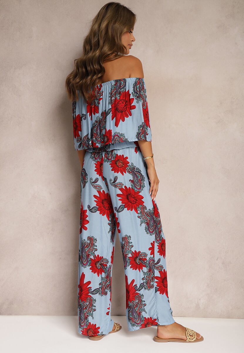 Niebiesko-Czerwony Wiskozowy Taliowany Kombinezon Ozdobiony Kwiecistym Wzorem Nelanora