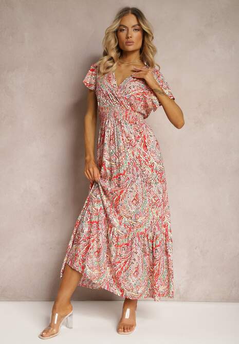 Czerwona Sukienka Boho z Metaliczną Nicią Kopertowym Dekoltem i Gumką w Talii Dilaria