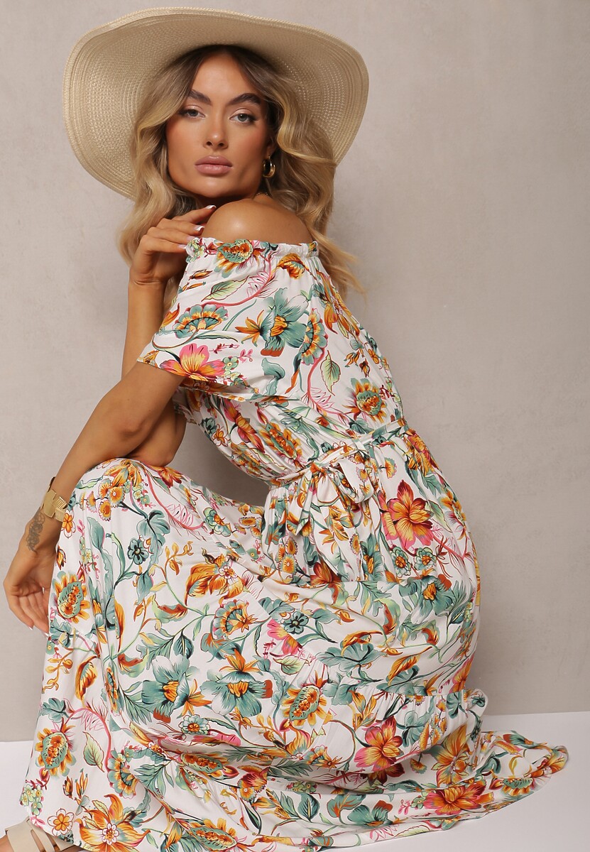 Granatowa Bawełniana Sukienka Hiszpanka Wiązana w Talii w Kwiatowy Wzór Risarrae