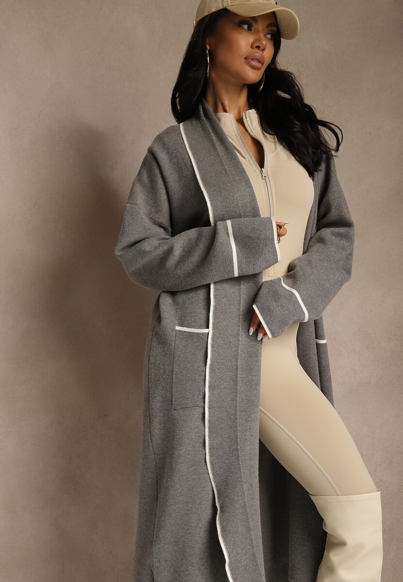 Szary Niezapinany Kardigan o Długim Kroju z Lamówką Venisse