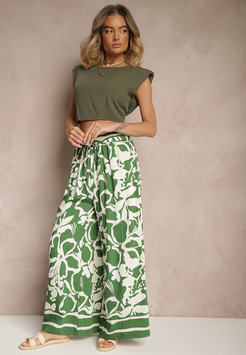 Zielone Spodnie o Szerokim Kroju High Waist w Kwiaty Nelrive