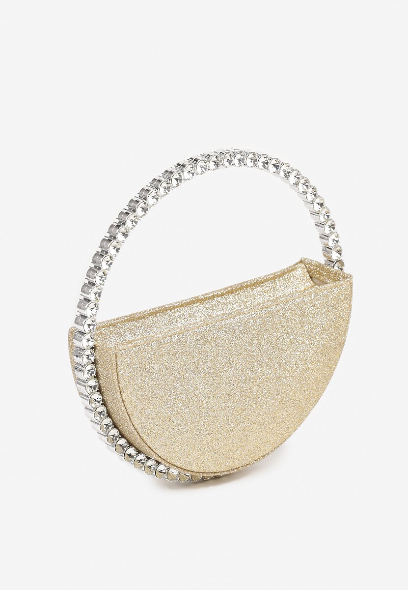 Złota Okrągła Torebka Koktajlowa Ozdobiona Cyrkoniami i Brokatem Fesimala