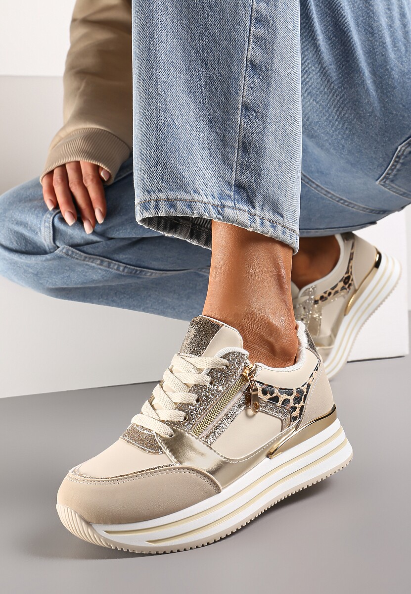 Czarne Sneakersy z Metalicznymi Wstawkami i Brokatem na Grubej Podeszwie Anova