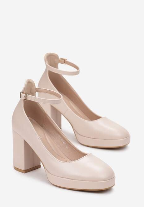 Beżowe Jenolite Czółenka Zapinane wokół Kostki na Sprzączkę z Wysokim Słupkiem Rayisa