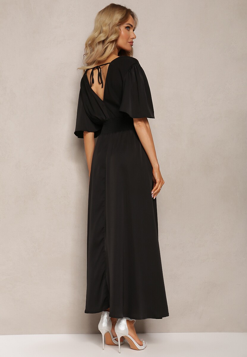 Czarna Sukienka z Luźnymi Rękawami Wiązaniem z Wycięciem na Plecach i Gumką w Talii Valenta