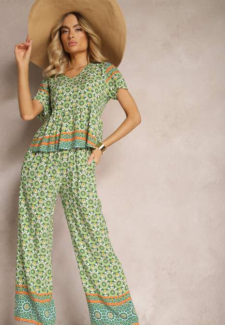 Zielony Komplet z Wiskozy w Stylu Boho Bluzka z Krótkim Rękawem i Spodnie z Gumką w Pasie Valesia