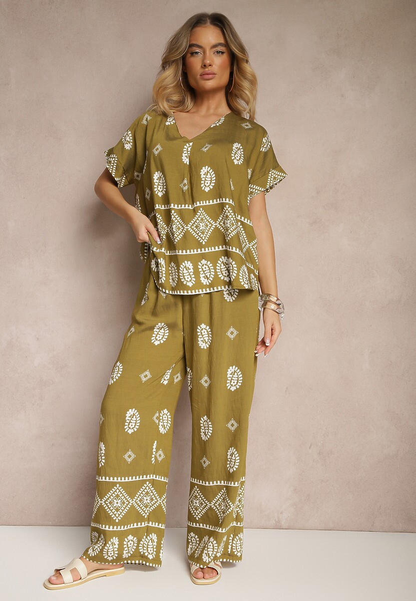 Zielono-Biały Komplet z Bawełny Spodnie o Szerokim Kroju i Koszula ze Wzorem Paisley Pavenn