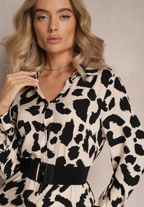 Beżowo-Czarna Sukienka Koszulowa w Cętki z Paskiem Canahy