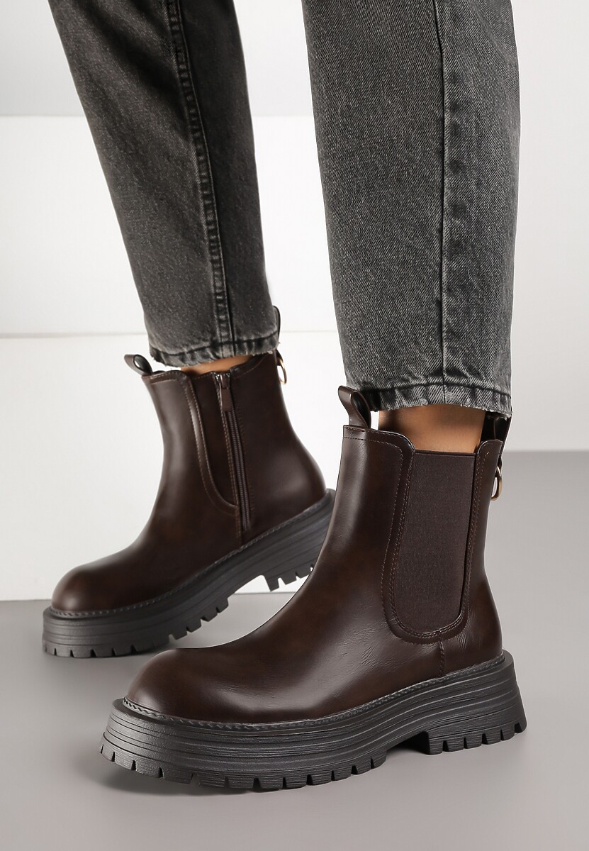 Brązowe Botki Sztyblety na Platformie z Tłoczeniem Zarillea