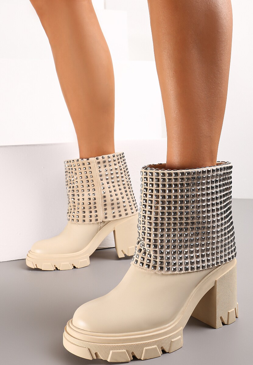 Beżowe Botki z Wywiniętą Cholewką Ozdobioną Cyrkoniami na Platformie i Słupku Felirok