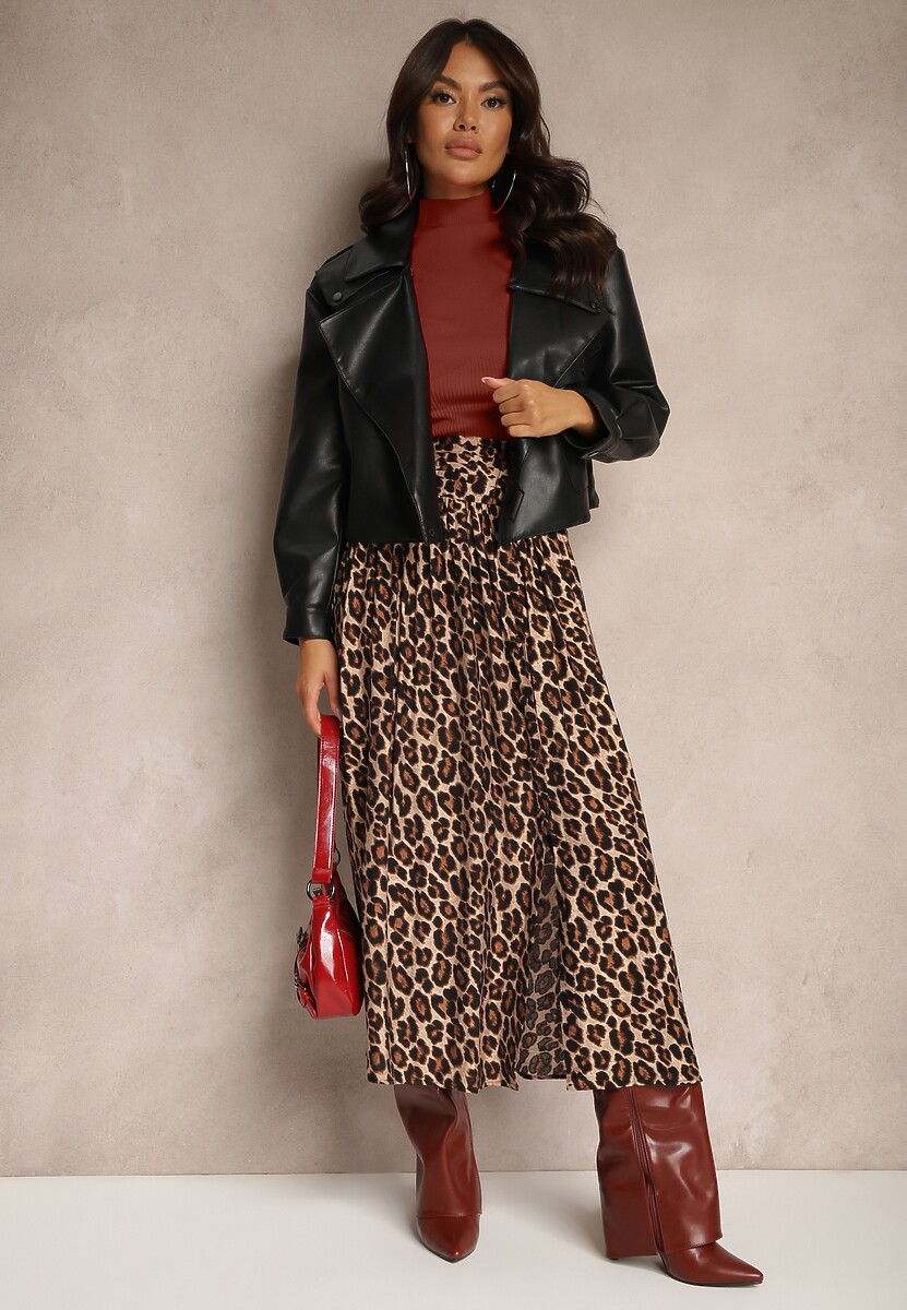 Beżowa Rozkloszowana Spódnica z Wiskozy w Panterkę High Waist z Gumką w Talii Vimashira