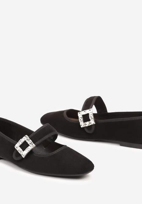 Czarne Balerinki na Płaskiej Podeszwie Zapinane na Rzep z Cyrkoniową Klamrą Evalitha