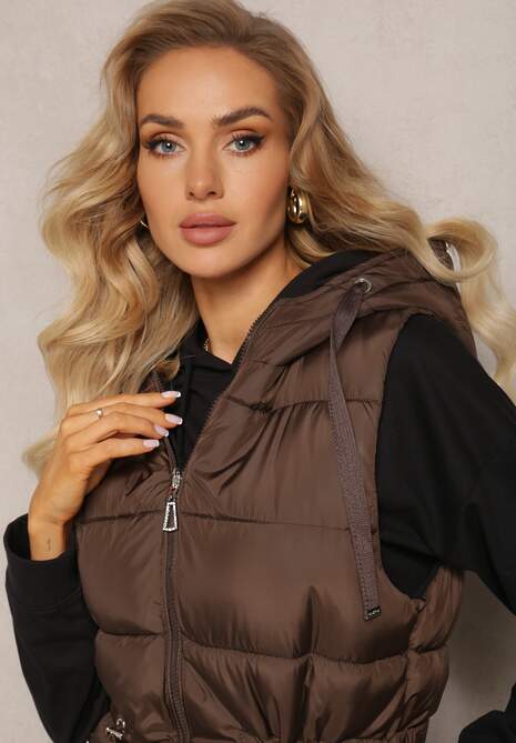 Brązowa Pikowana Kamizelka Dwustronna z Troczkiem w Pasie o Wydłużonym Fasonie Selinorda