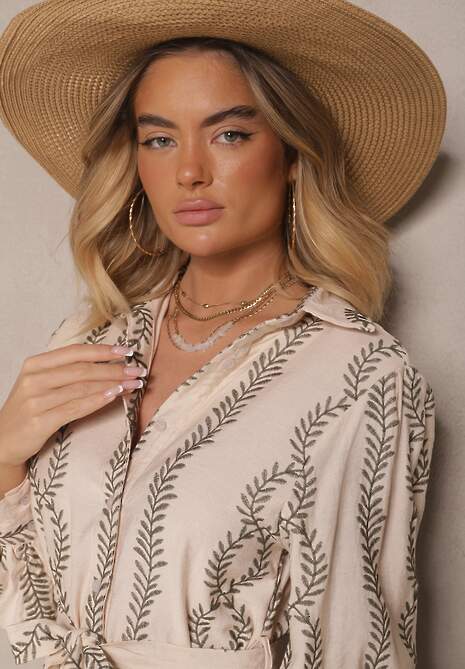 Beżowa Wiskozowa Sukienka o Koszulowym Kroju z Haftem i Wiązanym Paskiem Salliene