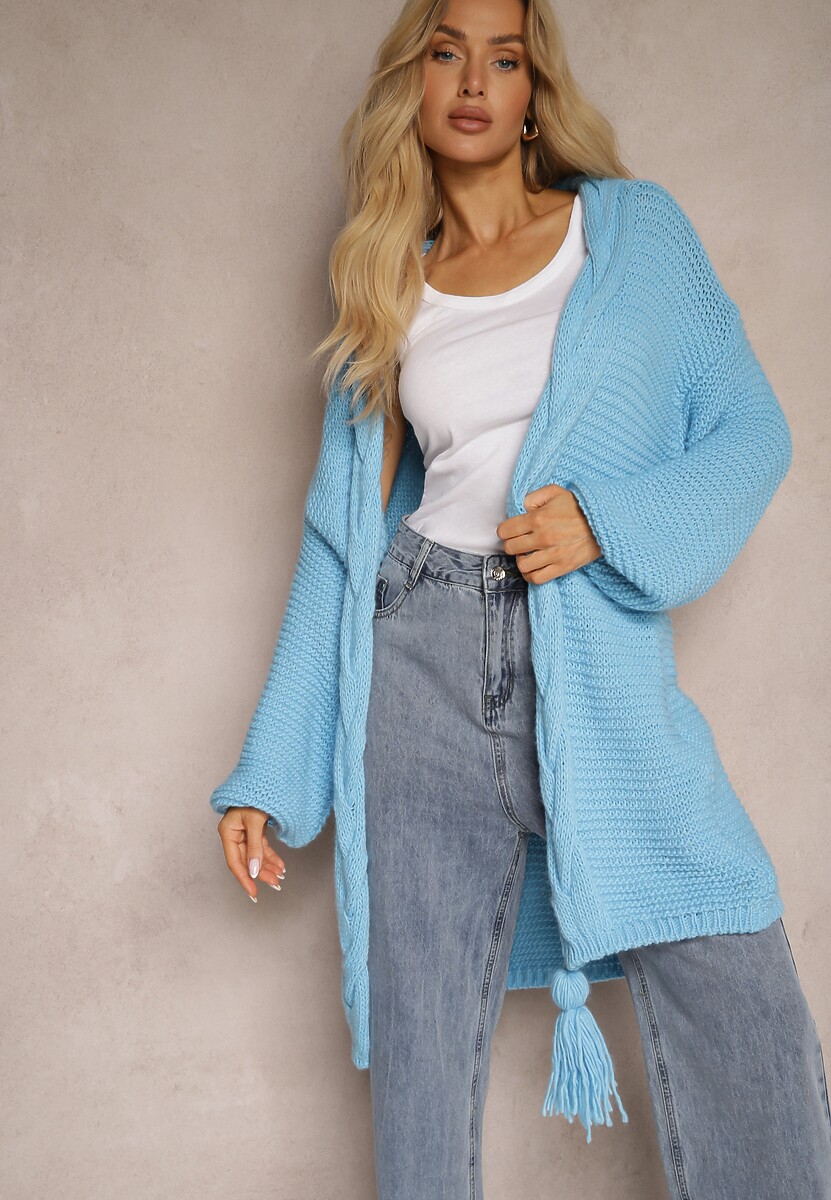 Niebieski Kardigan Niezapinany z Warkoczowym Splotem Lotissa