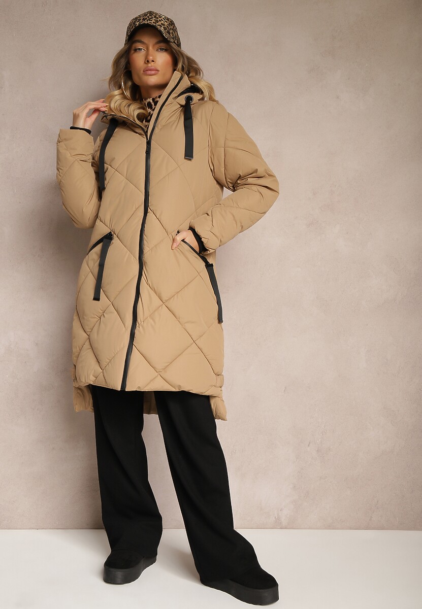 Ciemnobeżowa Pikowana Kurtka z Przeszyciem w Kratę Kapturem i Kieszeniami Zenetta