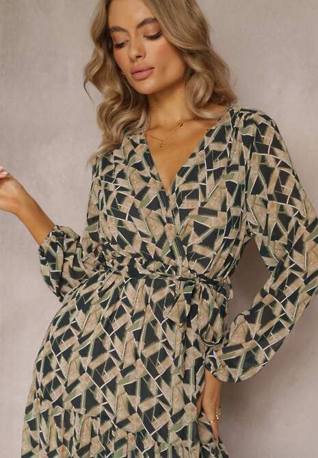 Zielona Sukienka Kopertowa z Gumką w Talii Jarne