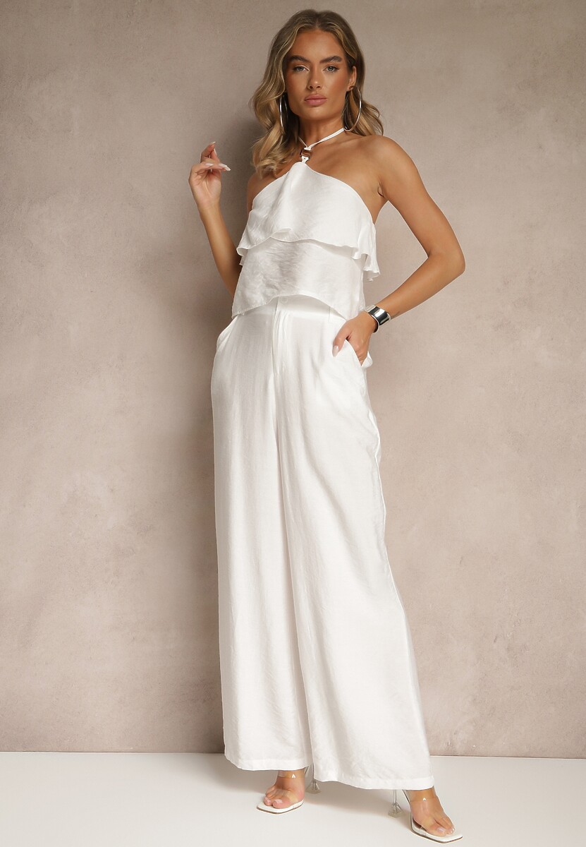 Biały Komplet z Wiskozą Spodnie i Bluzka z Aplikacją i Falbaną Dolirela