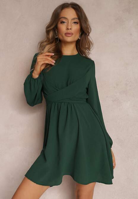 Ciemnozielona Sukienka Rozkloszowana z Gumką w Pasie Thelo