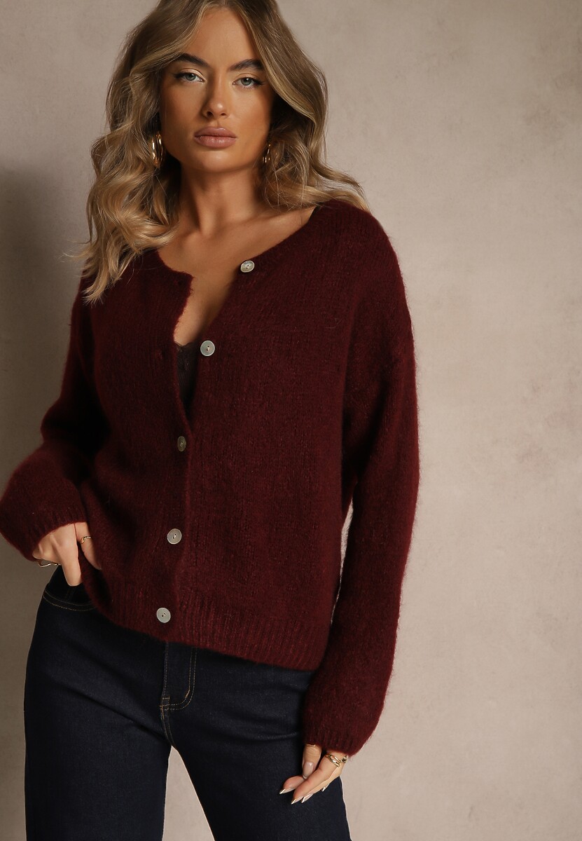 Bordowy Kardigan o Casualowym Kroju z Wełną i Moherem Lilothel