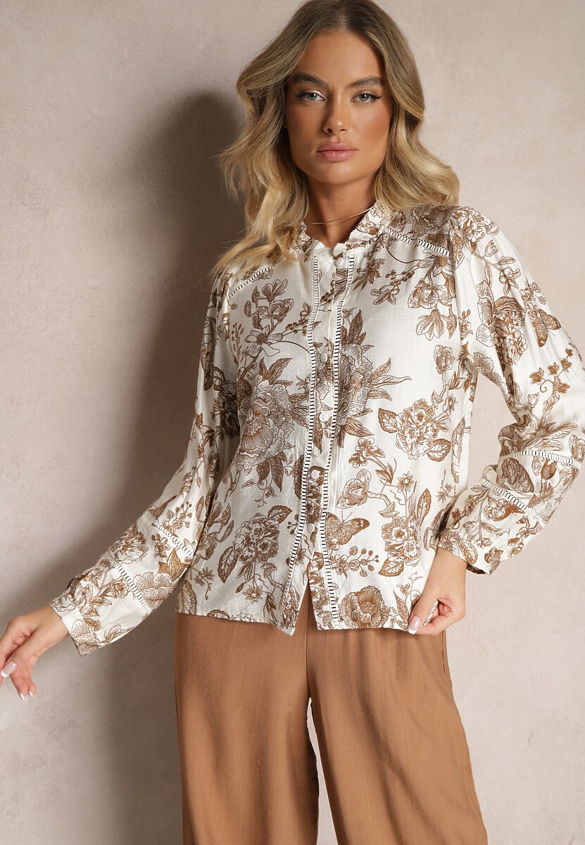 Beżowa Wiskozowa Koszula w Kwiatowy Print z Bufiastymi Rękawami Hanistrae