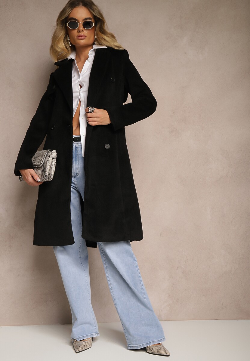 Czarny Dwurzędowy Płaszcz z Wiskozy z Paskiem w Talii Beluna