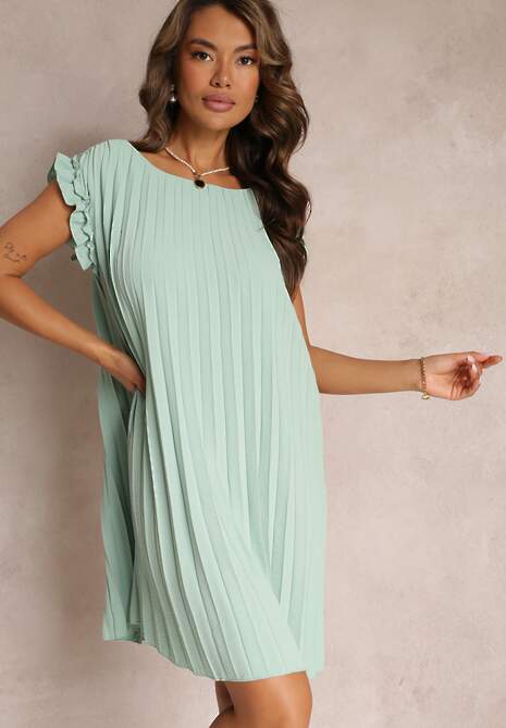 Jasnozielona Plisowana Sukienka Mini z Falbankami Trinida