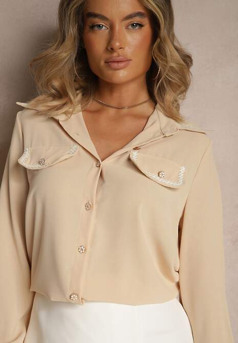 Beżowa Koszula Zdobiona Biżuteryjnymi Guzikami i Tasiemkami Tosur