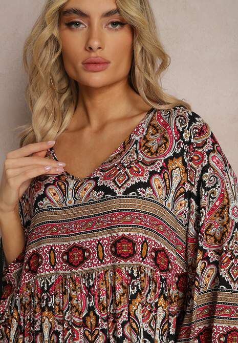 Czarno-Bordowa Rozkloszowana Sukienka we Wzór Paisley z Rękawem 3/4 Briarwa