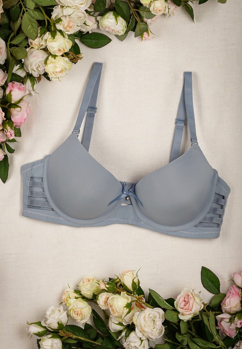 Beżowy Biustonosz Push Up Ozdobiony Bocznymi Wycięciami Biathy