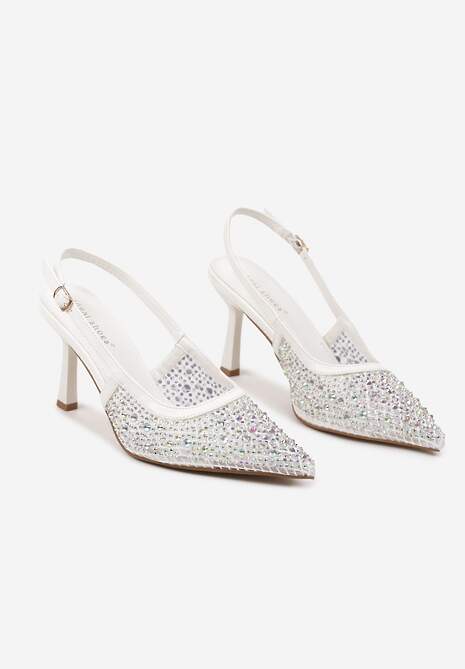 Białe Czółenka na Szpilce Bez Pięty z Cyrkoniami Nevilyn