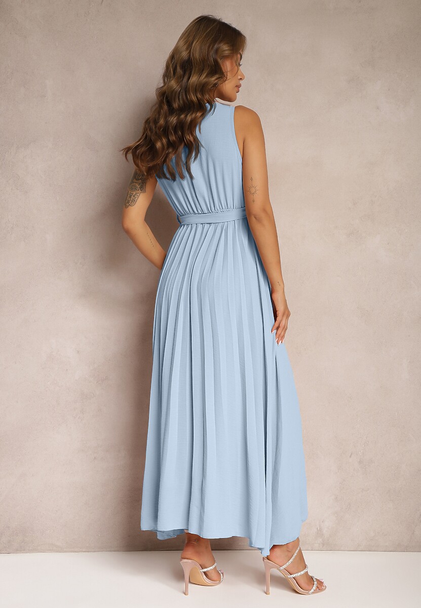 Jasnoniebieska Koktajlowa Sukienka Plisowana z Kwiatową Broszką Paskiem i Gumką w Talii Viknna