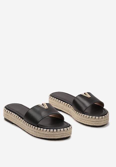 Czarne Klapki na Pasku Metalowa Ozdoba Podeszwa z Ozdobnie Plecionej Juty Raskia