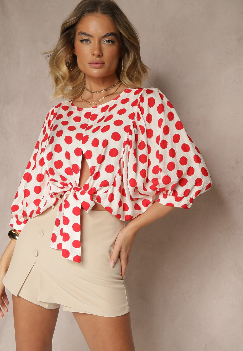 Biało-Czerwona Bluzka z Wiskozy Nietoperz z Wiązaniem w Kropki Divia