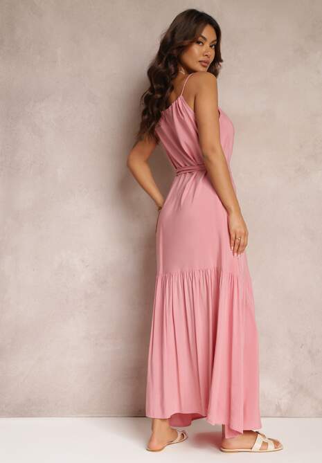 Różowa Rozkloszowana Sukienka na Ramiączkach z Wiązanym Paskiem Diadite