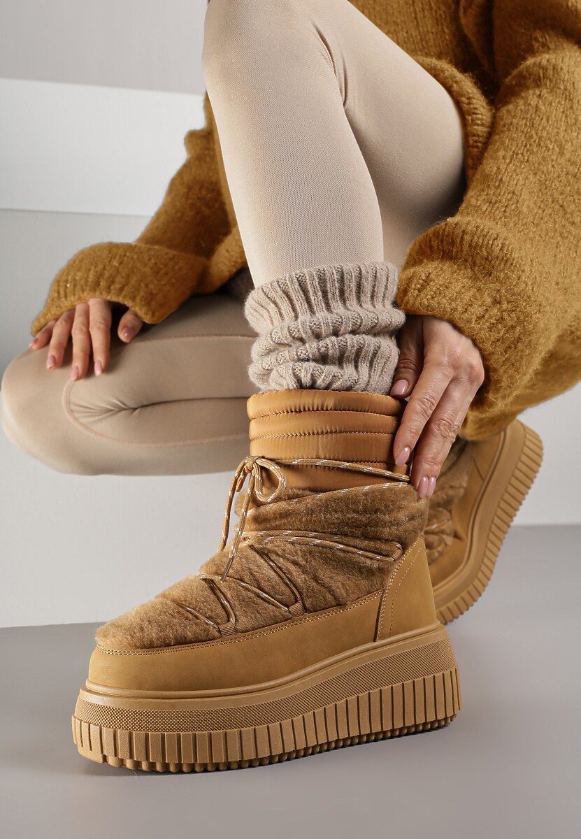 Jasnobrązowe Śniegowce na Platformie z Tłoczeniem Ozdobione Futerkiem i Pikowaniem Adallie