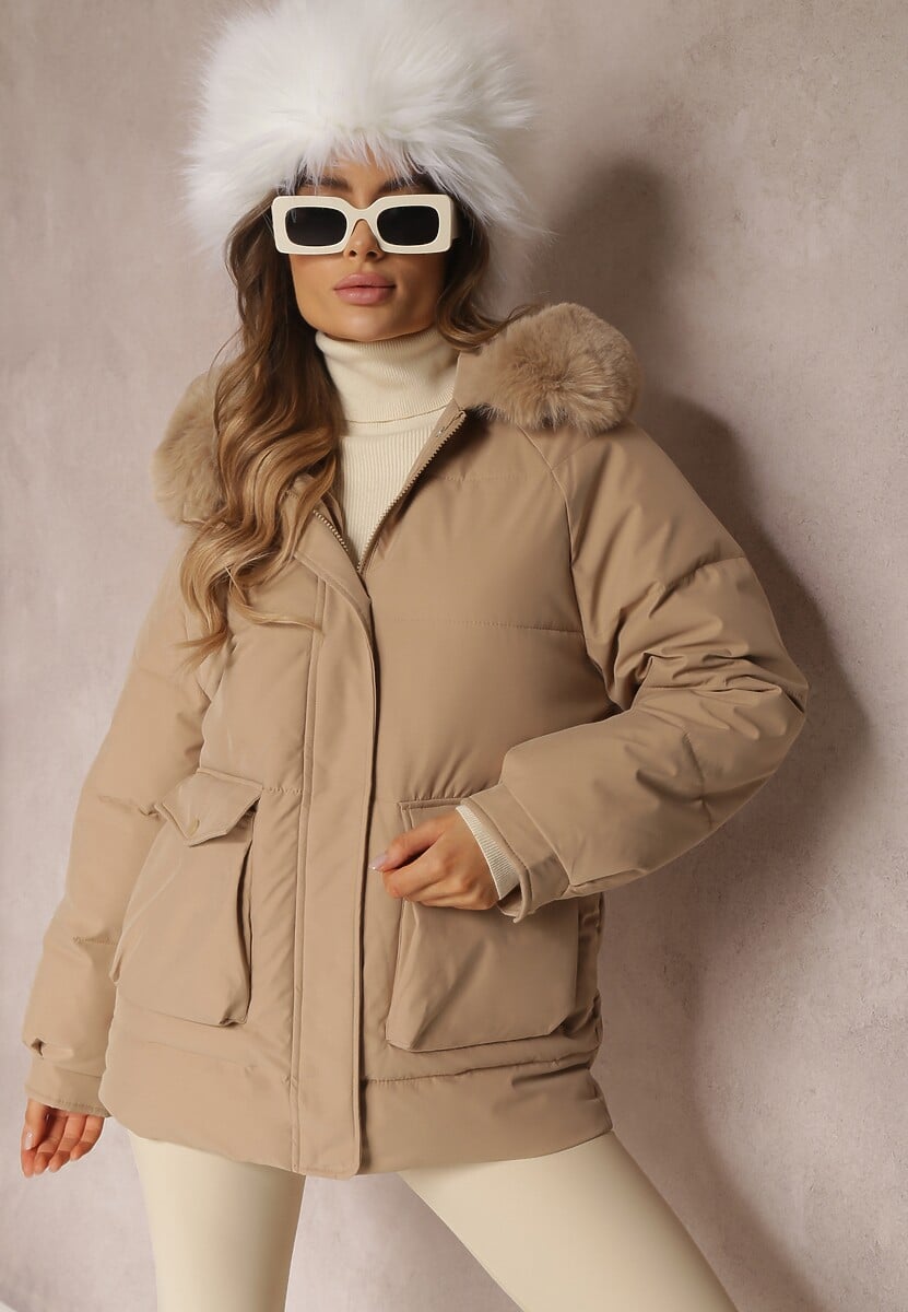 Beżowa Kurtka Pudełkowa z Odpinanym Futerkiem Bastebius