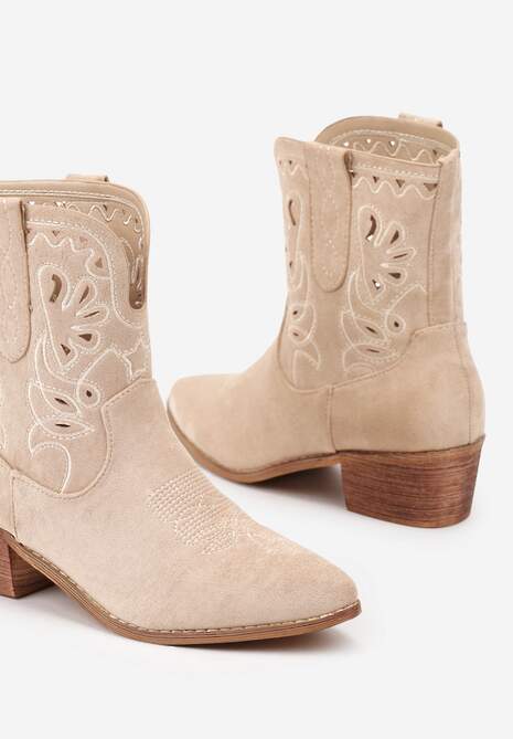 Ciemnobeżowe Botki Kowbojki Vices na Słupku Ozdobione Haftem Nelithen