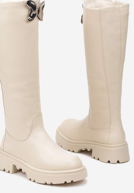 Beżowe Płaskie Kozaki Ozdobione Motylem 3D Remidra