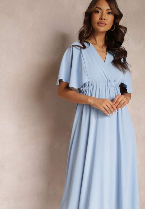 Niebieska Sukienka z Gumką w Talii Krótkim Rękawem i Kopertowym Dekoltem Kelila