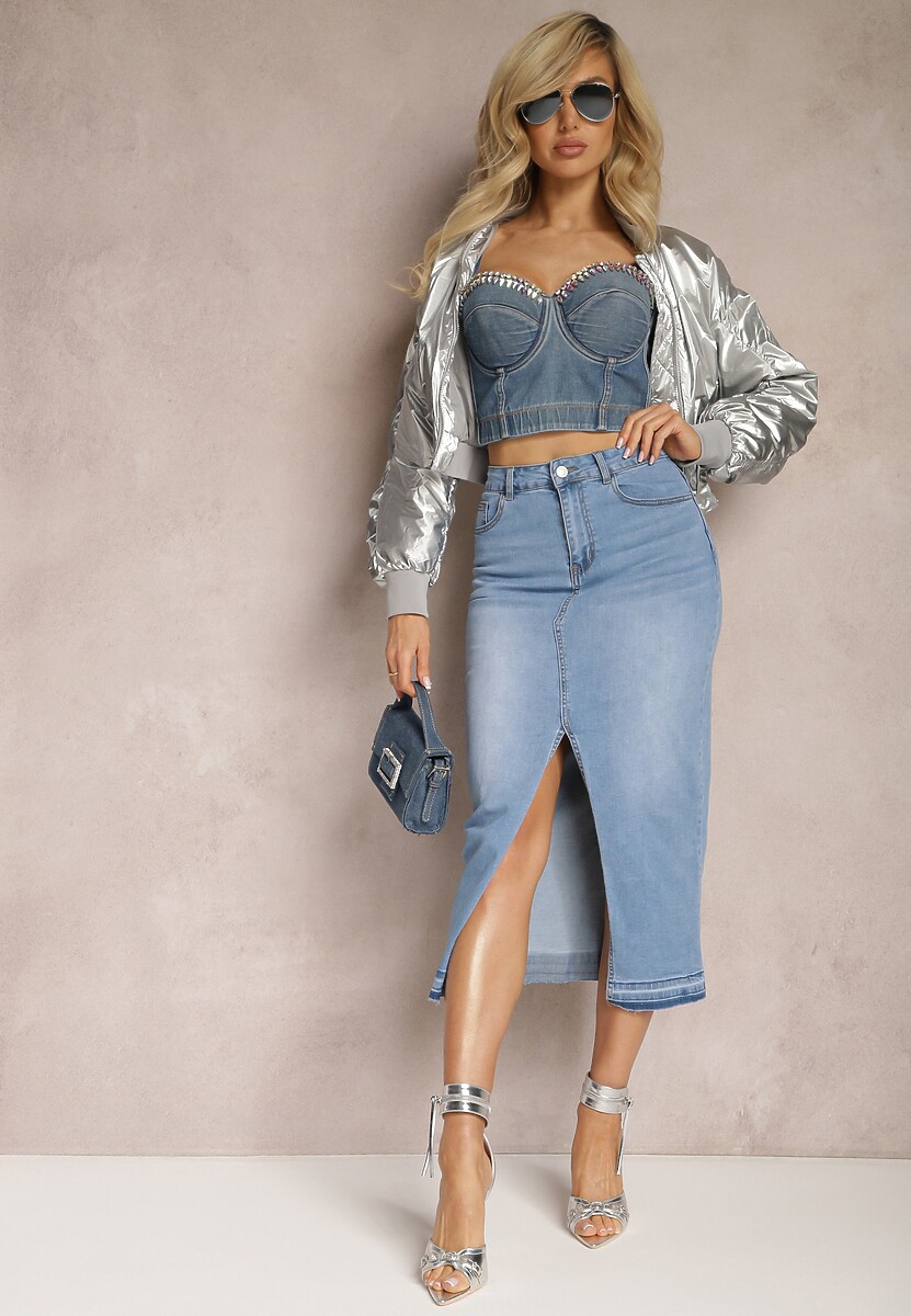 Niebieska Jeansowa Spódnica Midi High Waist z Rozcięciem Lushio