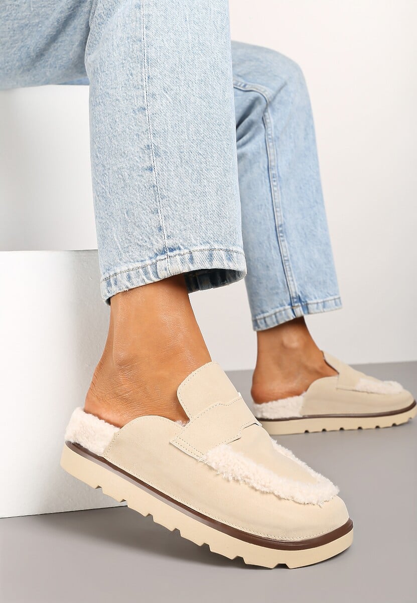 Beżowe Klapki na Platformie Ozdobione Paskiem i Futerkiem w Stylu Baranka Islinna