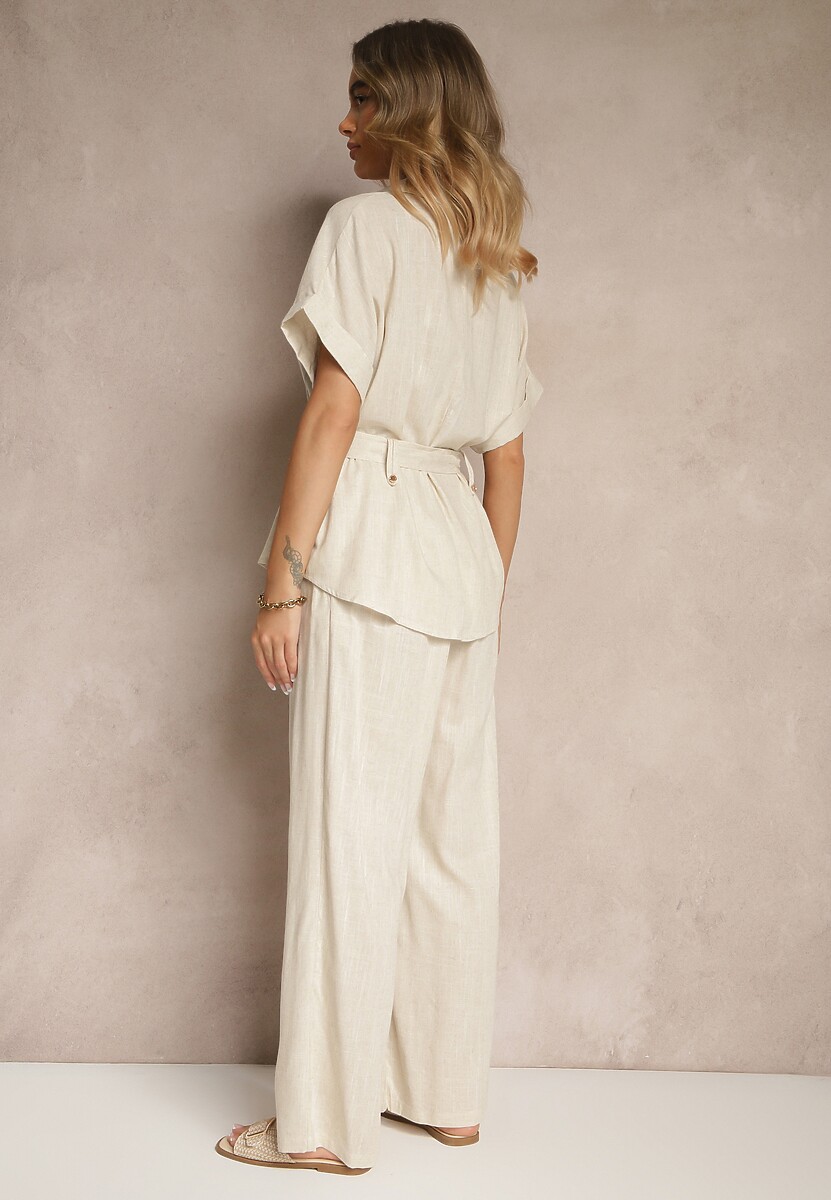 Beżowy Komplet z Bawełną Spodnie i Koszula z Paskiem Rinaretea